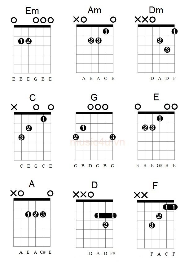 Các hợp âm cơ bản dễ bấm trên guitar
